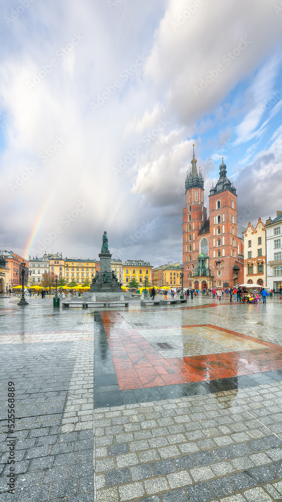 Amazing cityscape of Krakow with St. Mary's Basilica on Main Square.