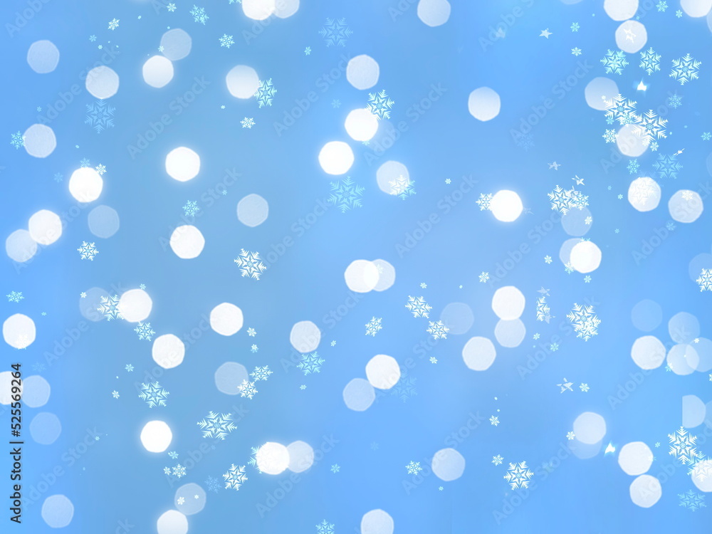 dark blue bokeh background with snow flakeas and star template banner copy space