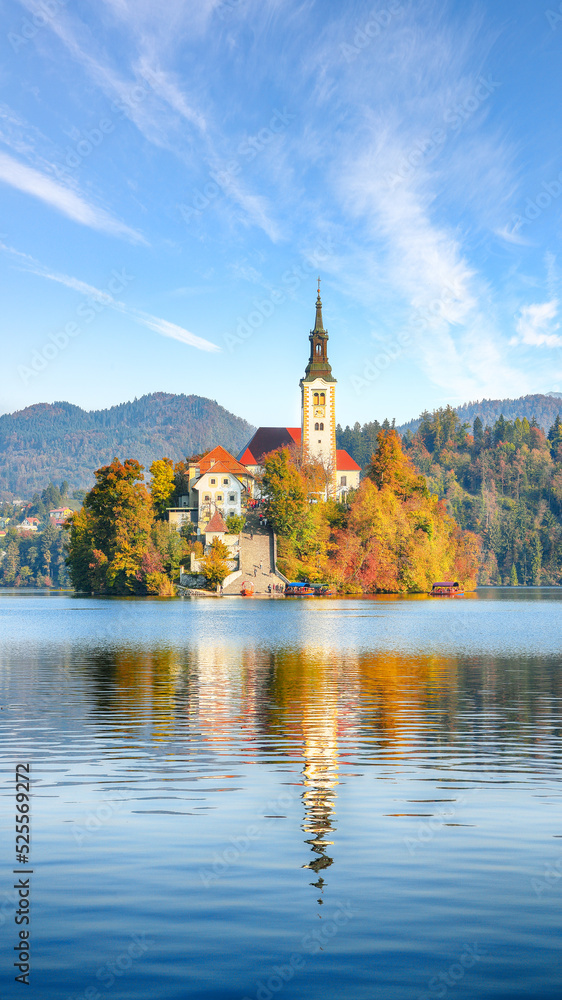 Gorgeous sunny day view of popular tourist destination  Bled lake.