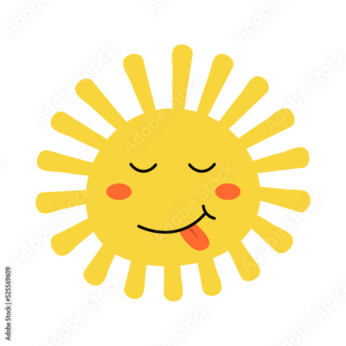 Cute cartoon sun character with kawaii face. Simple doodle yellow mascot isolated on white background. Flat hand drawn icon.