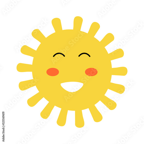 Cute cartoon sun character with kawaii face. Simple doodle yellow mascot isolated on white background. Flat hand drawn icon.