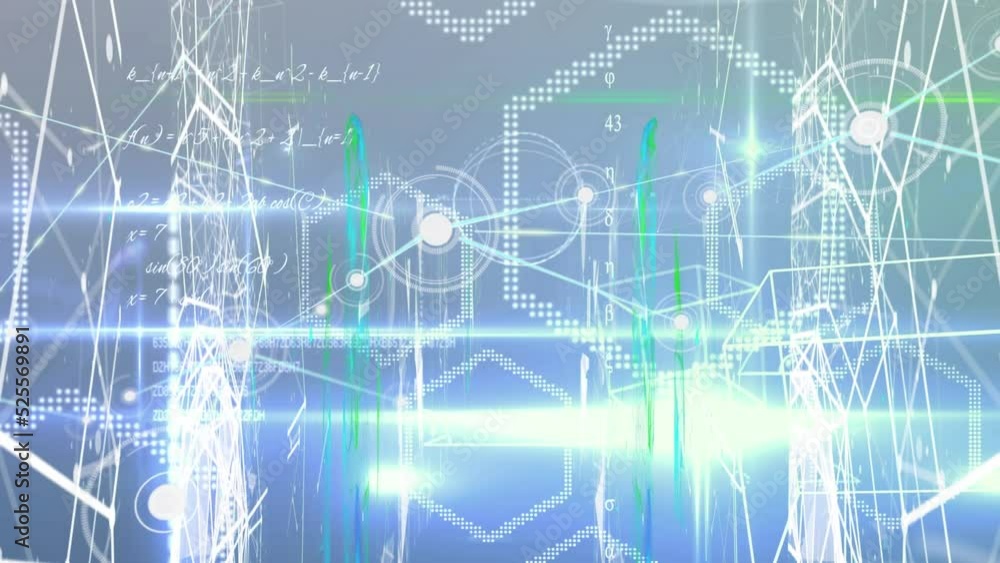 Animation of pink and blue neon diamonds over network of connections and data processing Animation of pink and blue neon diamonds over network of connections and data processing
