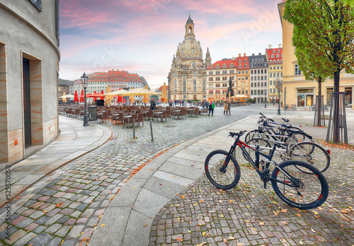 Fantastic view of  of Baroque church - Frauenkirche at Neumarkt square in downtown of Dresden. photo