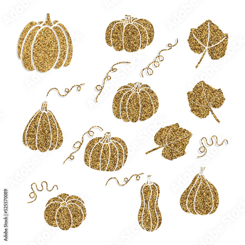 golden pumpkins with leaf vector set