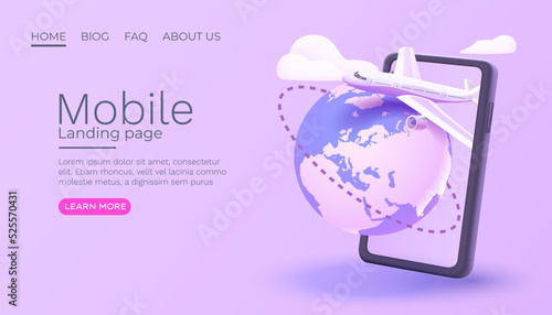 Smart phone plane services, travel position online, web banner. Vector