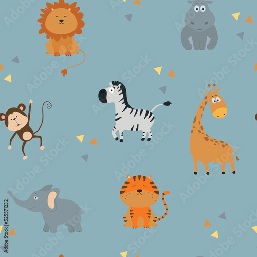 Jungle animals seamless pattern. Cute animals on blue background. Lion, zebra, monkey, hippo, tiger, giraffe, elephant