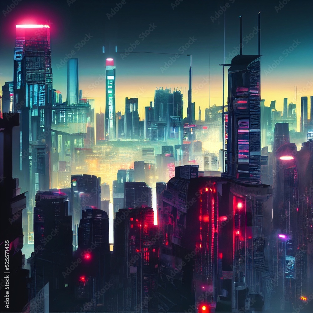 Cyberpunk neon city skyline at night, dark illustration perfect as wallpaper