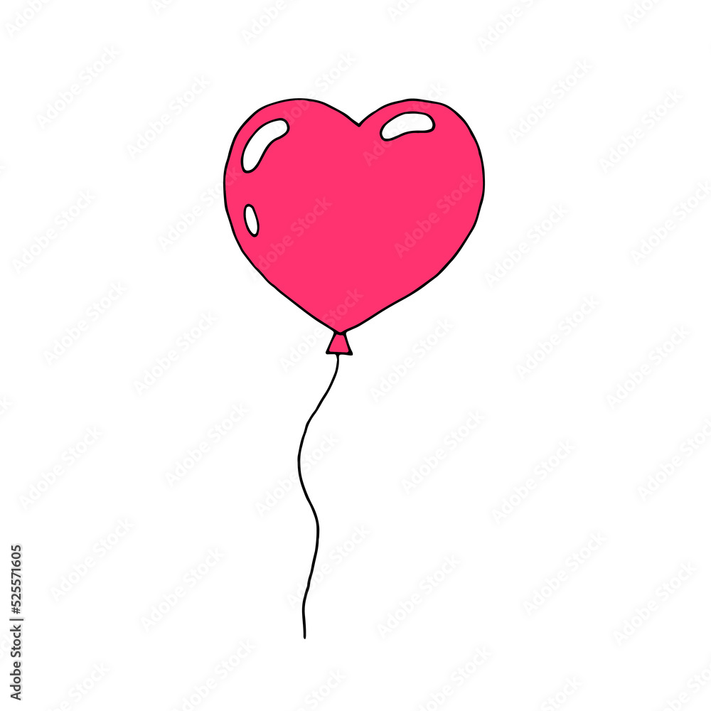 Heart shaped hot air balloon in pink color for romantic cards, invitations, stickers. Vector illustration. Doodle. Drawn by hand. Love, romance, feelings.