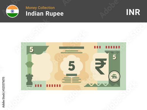 Indian rupee banknote illustration. 5 bill paper money. Five INR cash. The official currency of India. Flat style. Simple minimal design. Vector.