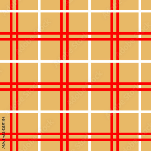 Plaid seamless pattern. Vector fabric print template. Scottish style striped lumberjack ornament. Geometric checkered shape red, white and beige carpet background.