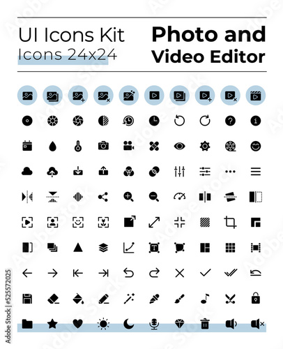 Photo and video editor tools black glyph ui icons set. Silhouette symbols on white space. Solid pictograms for web, mobile. Isolated vector illustrations. Montserrat Bold, Light fonts used