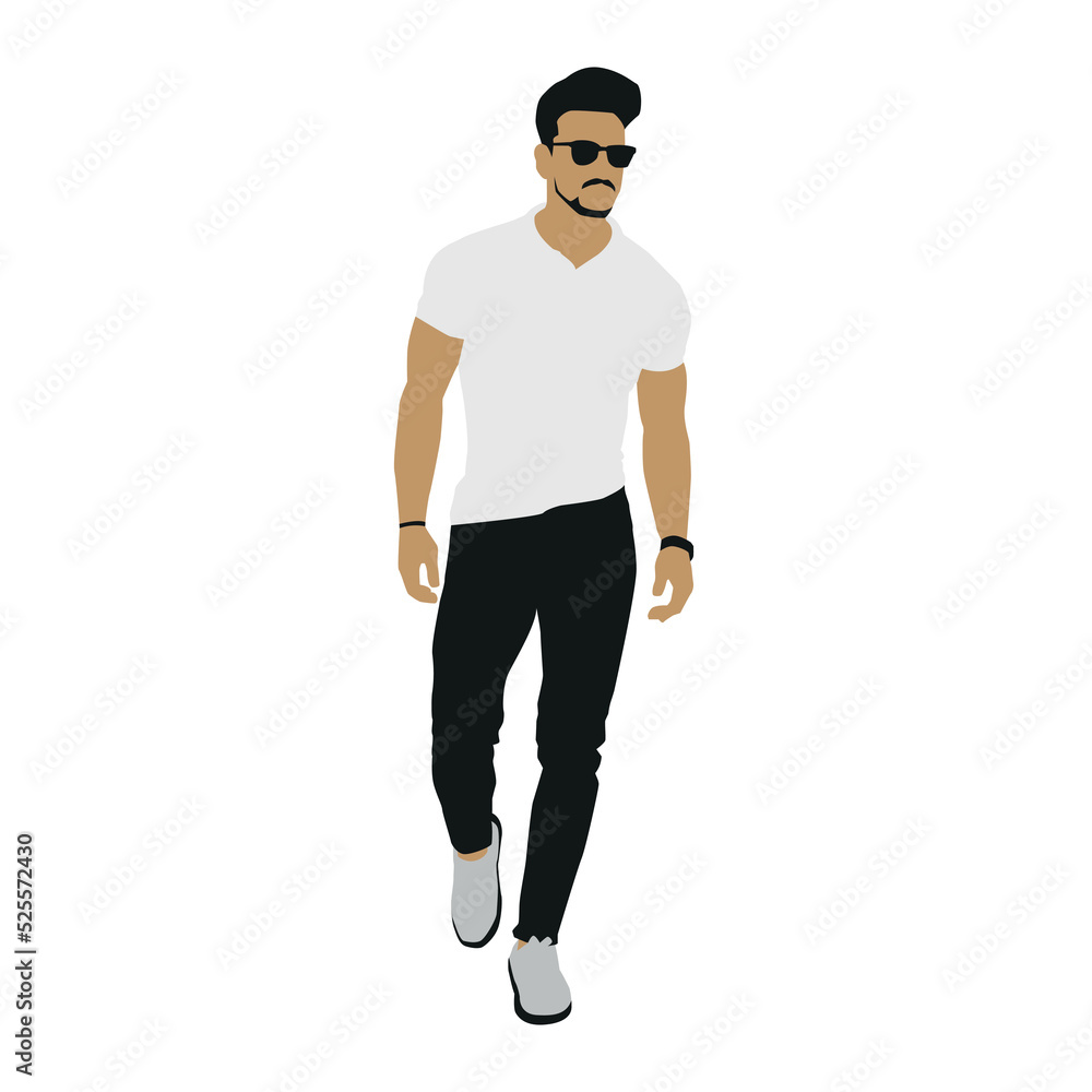 man walking pose with t-shirt and black pants, editable vector man walking pose with t-shirt and black pants, editable vector