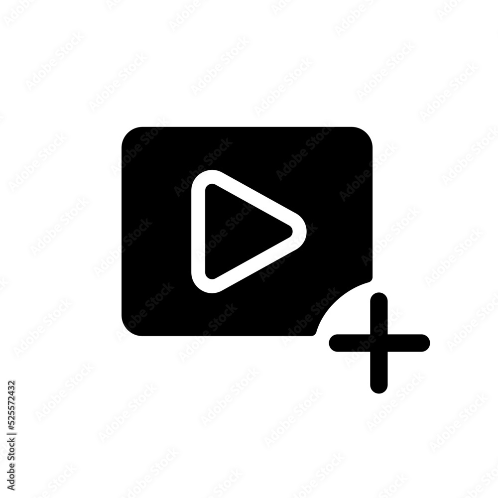 Add video file black glyph ui icon. Import content. Simple filled line element. User interface design. Silhouette symbol on white space. Solid pictogram for web, mobile. Isolated vector illustration Add video file black glyph ui icon. Import content. Simple filled line element. User interface design. Silhouette symbol on white space. Solid pictogram for web, mobile. Isolated vector illustration