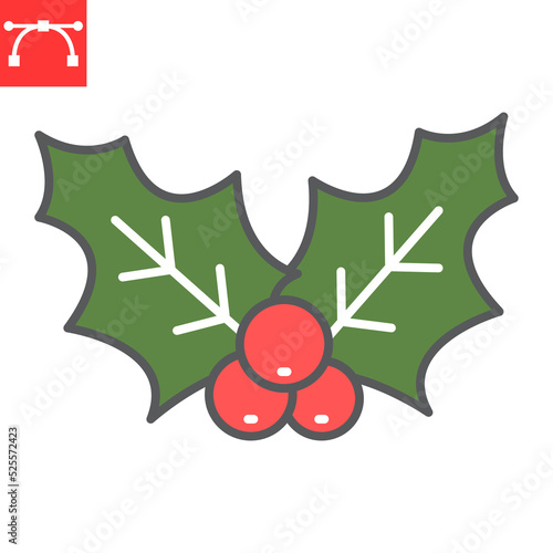 Christmas holly berry color line icon, holiday and decoration, holly berry christmas vector icon, vector graphics, editable stroke filled outline sign, eps 10.