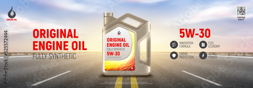 Engine oil advertising banner. Realistic vector illustration with canister of engine oil on highway and sunset on background. 3d ad banner. Advertisement of full synthetic and protection engine oil.
