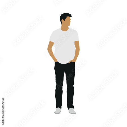 man standing pose with white t shirt and black pants, editable vector 
