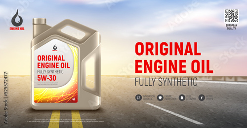 Engine oil advertising banner. Realistic vector illustration with canister of engine oil on highway and sunset on background. 3d ad banner. Advertisement of full synthetic and protection engine oil.