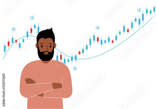 A man on the background of a Forex chart. Conceptual illustration on the topic of strategic planning in trading on the stock exchange.