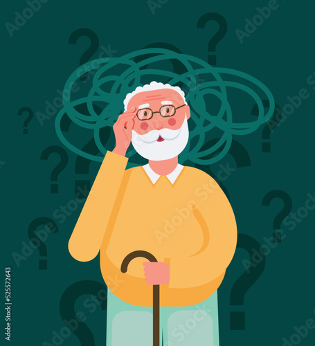 Alzheimer's memory loss due to Dementia and brain disease illustration. Old unhappy men trying to remember