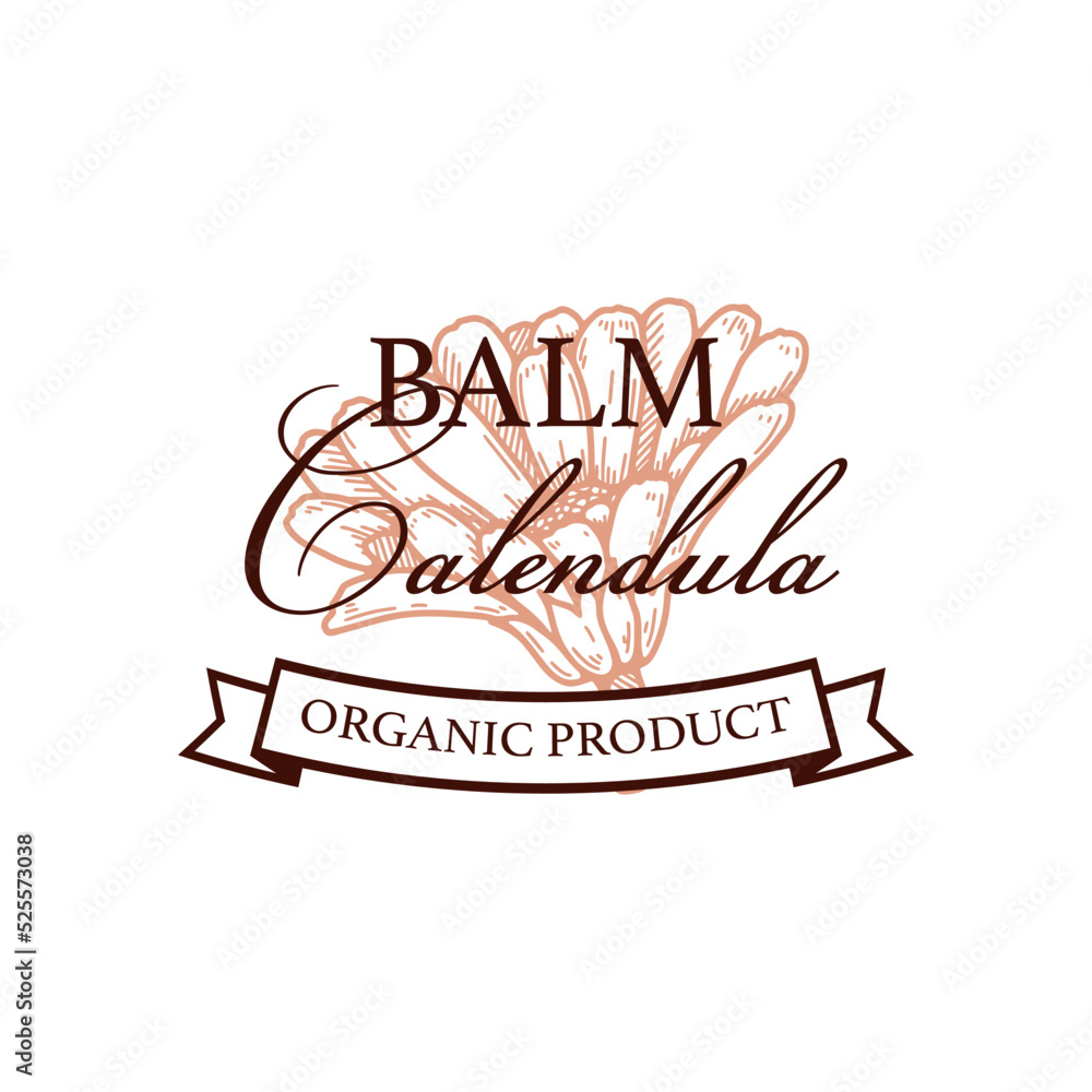 Hand drawn vintage calendula product logo design. Vector illustration in sketch style. Can be used for packaging
