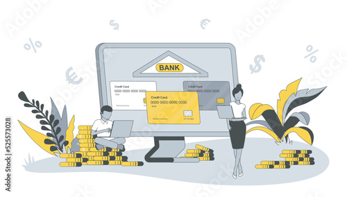 Banking concept in flat design with people. Man and woman use financial account and credit cards at page, manage balance and accumulate savings. Vector illustration with character scene for web banner
