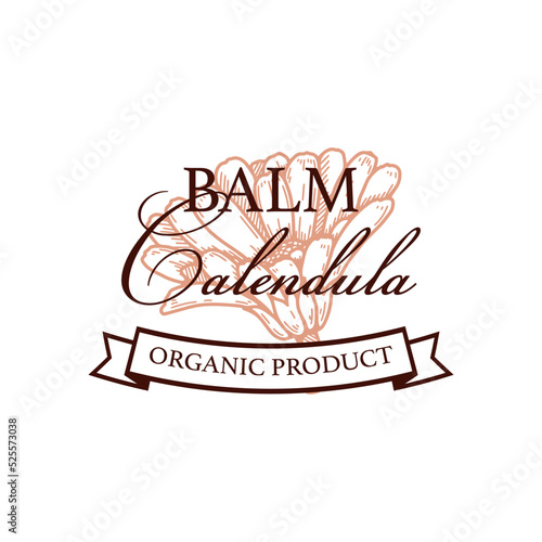 Hand drawn vintage calendula product logo design. Vector illustration in sketch style. Can be used for packaging