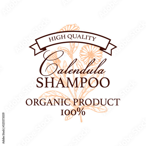 Hand drawn vintage calendula product logo design. Vector illustration in sketch style. Can be used for packaging