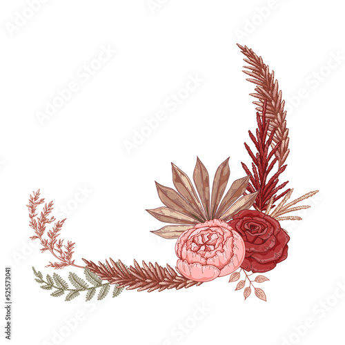 Modern dried flowers composition. Boho bouquet. Hand drawn vector illustration