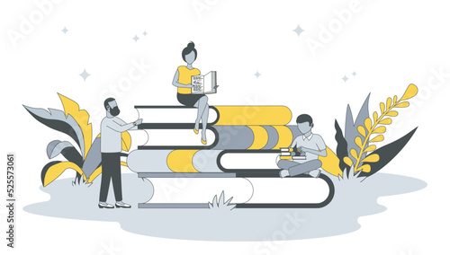 Book library concept in flat design with people. Man and woman read textbooks and fiction books, gain knowledge, buy literature in bookstore. Vector illustration with character scene for web banner