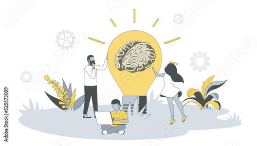 Brainstorming concept in flat design with people. Man and woman generate new ideas, finding solves, thinking and discussing at business meeting. Vector illustration with character scene for web banner