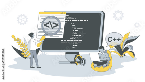 Computer programming concept in flat design with people. Man and woman write code and scripts, work with programming languages, create software. Vector illustration with character scene for web banner