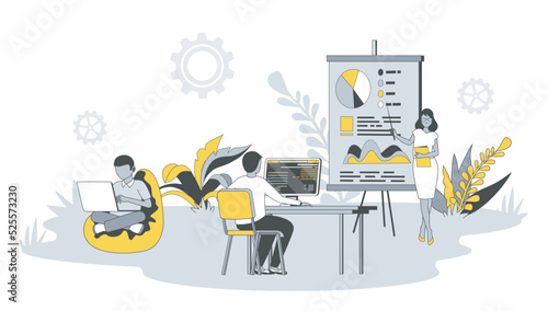 Coworking office concept in flat design with people. Man and woman work on laptops or computers, discussing and brainstorming in open space. Vector illustration with character scene for web banner