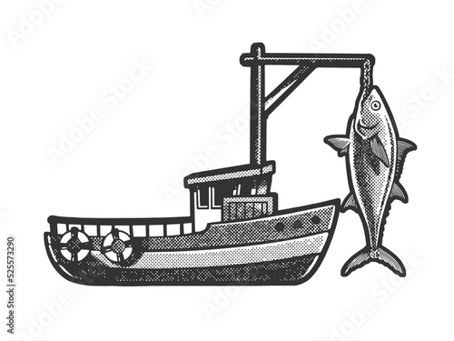 Fishing boat with huge fish sketch engraving vector illustration. Scratch board imitation. Black and white hand drawn image.