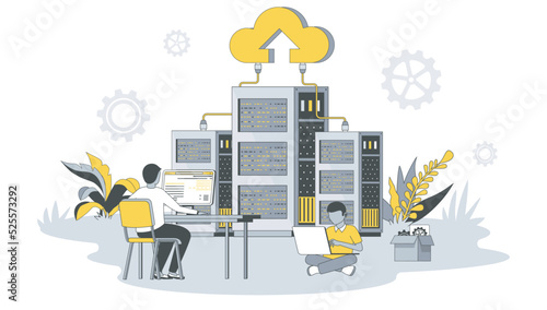 Data center concept in flat design with people. Men maintain hardware in server room racks, work in technical support and administer processes. Vector illustration with character scene for web banner