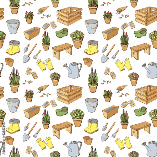 Colorful fun seamless pattern with flowerpots, pots, flower, garden tools, watering can, boots, shovels. Endless texture with hand drawn colored elements on white background. Vector illustration.