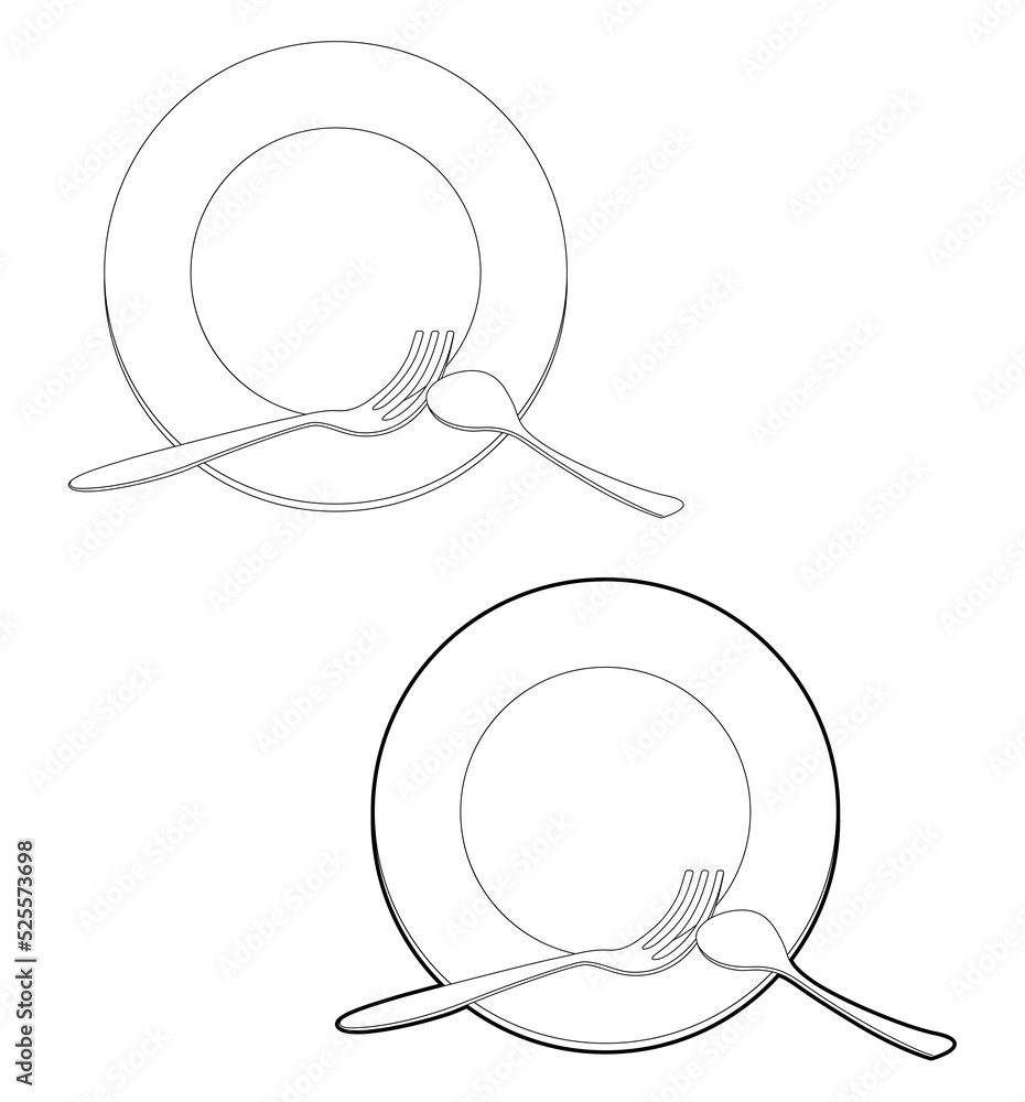 Cutlery table spoon and fork lying on a plate. Meal completion sign. Linear illustration, isolated on white background Cutlery table spoon and fork lying on a plate. Meal completion sign. Linear illustration, isolated on white background