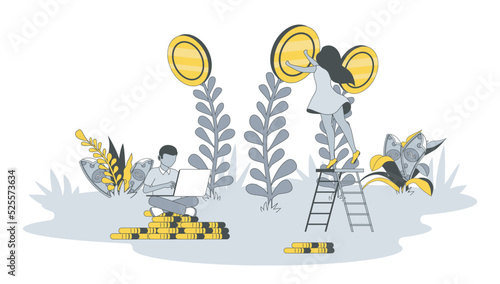 Investment concept in flat design with people. Woman and man accumulate savings, create investment strategy, invest money and increase income. Vector illustration with character scene for web banner