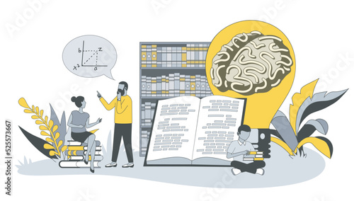 Knowledge concept in flat design with people. Woman and man read books and textbooks, thinking and discussing, generate ideas, improve skills. Vector illustration with character scene for web banner