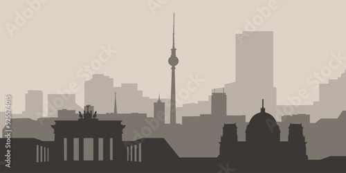 Berlin panorama. City silhouette. City in the fog. Minimalism. Brandenburg Gate. House, church, cathedral. background.