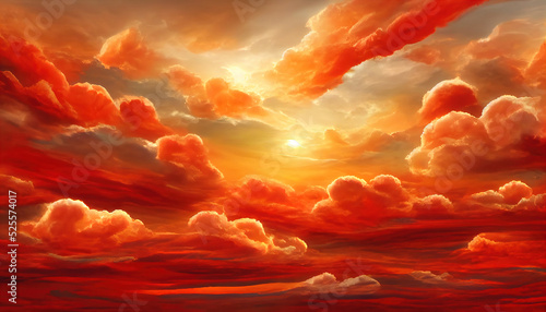 Fiery orange dramatic cloudy sunset sky. Colorful colors of dawn. Incredible beauty. A beautiful and colorful abstract nature background. Illustration 3d