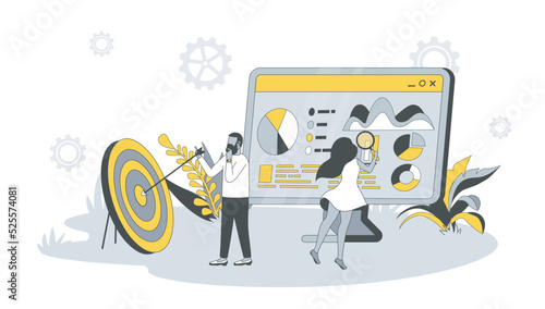 SEO optimization concept in flat design with people. Man and woman analyze data and keywords, optimizes for popular queries, settings site. Vector illustration with character scene for web banner