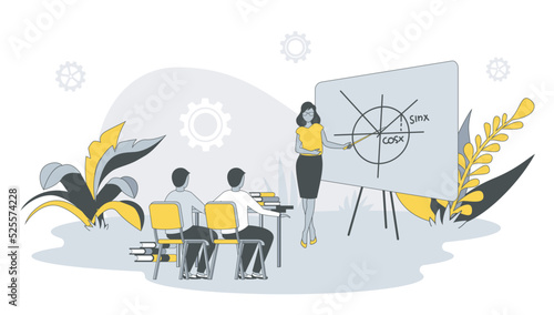 Teaching concept in flat design with people. Woman teacher explain lesson and showing on blackboard, students learning and sitting in classroom. Vector illustration with character scene for web banner