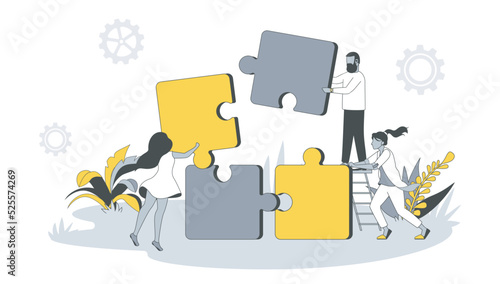 Teamwork concept in flat design with people. Man and women work and construct puzzles, generating new ideas, collaboration and brainstorming. Vector illustration with character scene for web banner