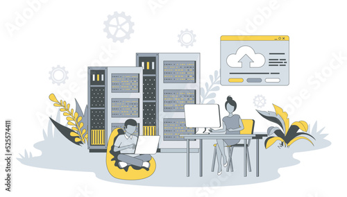 Web hosting concept in flat design with people. Man and women working at data center server, using cloud technology, software administration. Vector illustration with character scene for web banner