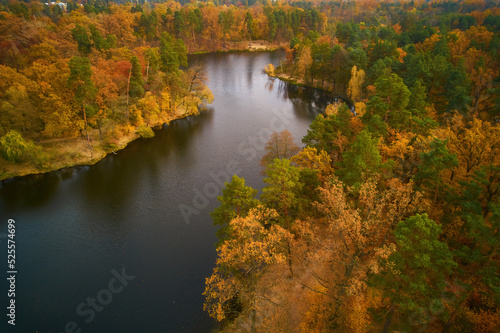 Aerial view of the autumn park and lake with a small wooden bridge for walking.