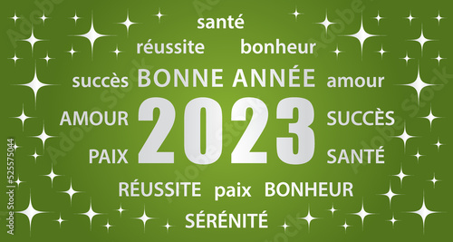 Bonne année 2023 ! Carte de vœux verte et argenté en français. Bannière vectorielle.