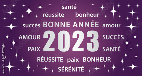 Bonne année 2023 ! Carte de vœux violet et argenté en français. Bannière vectorielle.