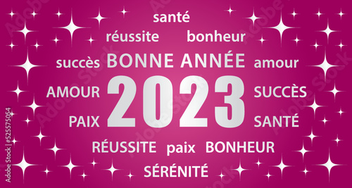 Bonne année 2023 ! Carte de vœux rose et argenté en français. Bannière vectorielle.