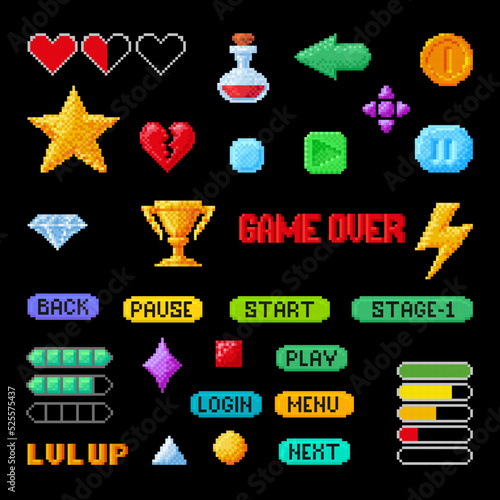 Pixel game virtual buttons set vector navigation and notation elements gaming interface
