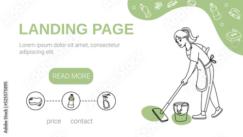 Cleaning service vector landing page with hand drawn illustration of professional eco friendly products and household worker with mop, bucket. Woman in uniform clean house with liquid detergents.